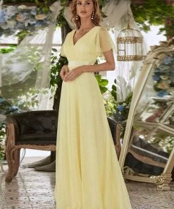 Ever-Pretty US Custom Size Double V-Neck Floor-Length Short Sleeve Tulle Bridesmaid Dresses