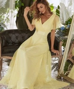 Ever-Pretty US Custom Size Double V-Neck Floor-Length Short Sleeve Tulle Bridesmaid Dresses