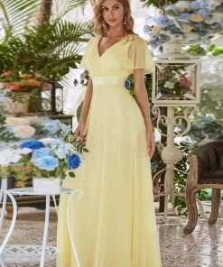 Ever-Pretty US Custom Size Double V-Neck Floor-Length Short Sleeve Tulle Bridesmaid Dresses