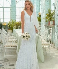 Ever-Pretty US Dainty Deep V Neck Sleeveless Fishtail Lace Wedding Dress
