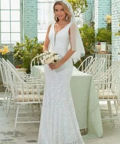 Ever-Pretty US Dainty Deep V Neck Sleeveless Fishtail Lace Wedding Dress