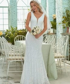 Ever-Pretty US Dainty Deep V Neck Sleeveless Fishtail Lace Wedding Dress
