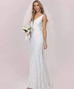 Ever-Pretty US Dainty Deep V Neck Sleeveless Fishtail Lace Wedding Dress