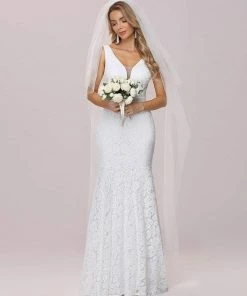 Ever-Pretty US Dainty Deep V Neck Sleeveless Fishtail Lace Wedding Dress
