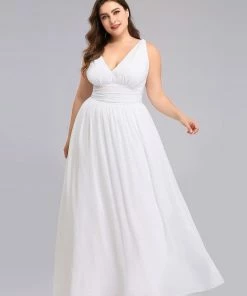 Ever-Pretty US Summer Dresses 2022 Plus Size Sleeveless V-Neck Simple Chiffon White Wedding Dress