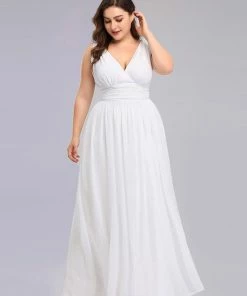 Ever-Pretty US Summer Dresses 2022 Plus Size Sleeveless V-Neck Simple Chiffon White Wedding Dress