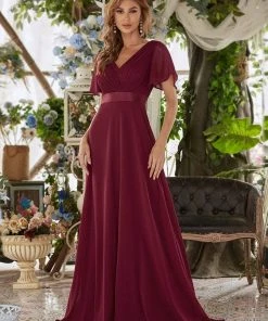 Ever-Pretty US Long Chiffon Empire Waist Bridesmaid Dress With Short Flutter Sleeves Evening Dresses & Gowns