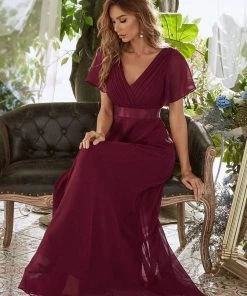 Ever-Pretty US Long Chiffon Empire Waist Bridesmaid Dress With Short Flutter Sleeves Evening Dresses & Gowns