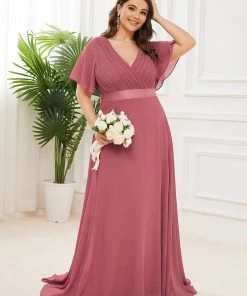 Ever-Pretty US Evening Dresses & Gowns Plus Size Empire Waist V Back Evening Dress With Short Sleeves