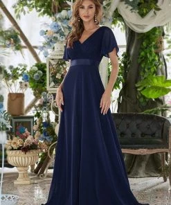 Ever-Pretty US Long Chiffon Empire Waist Bridesmaid Dress With Short Flutter Sleeves Evening Dresses & Gowns