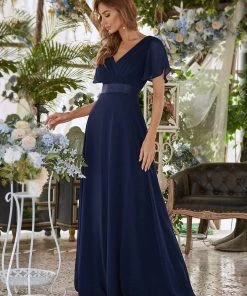 Ever-Pretty US Long Chiffon Empire Waist Bridesmaid Dress With Short Flutter Sleeves Evening Dresses & Gowns