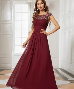 Ever-Pretty US Elegant Lace Cap Sleeve Maxi Long Chiffon Bridesmaid Dress