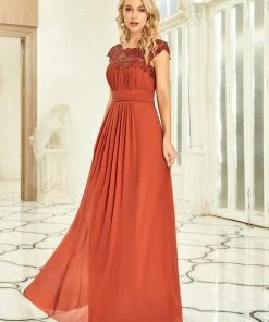 Ever-Pretty US Elegant Floor-Length Lace Cap Sleeve Bridesmaid Dress