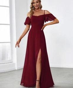 Ever-Pretty US Chiffon Off-The-Shoulder Side Slit Bridesmaid Dress With Sleeves Evening Dresses & Gowns