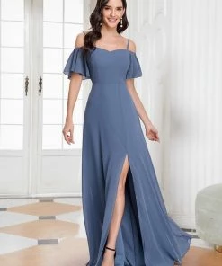 Ever-Pretty US Chiffon Off-The-Shoulder Side Slit Bridesmaid Dress With Sleeves Evening Dresses & Gowns