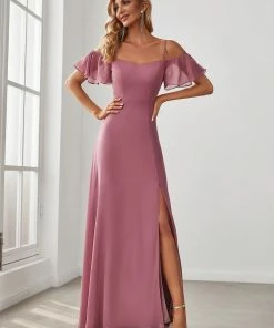 Ever-Pretty US Chiffon Off-The-Shoulder Side Slit Bridesmaid Dress With Sleeves Evening Dresses & Gowns