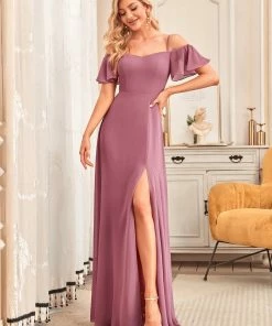 Ever-Pretty US Chiffon Off-The-Shoulder Side Slit Bridesmaid Dress With Sleeves Evening Dresses & Gowns