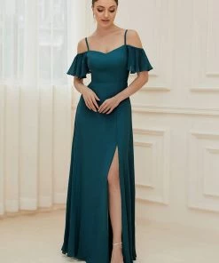 Ever-Pretty US SHOP BY OCCASION Flowy Cold Shoulder Flare Sleeves Bridesmaid Dress With Side Split