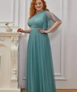 Ever-Pretty US Elegant One Shoulder Beaded Waistline Maxi Tulle Bridesmaid Dress