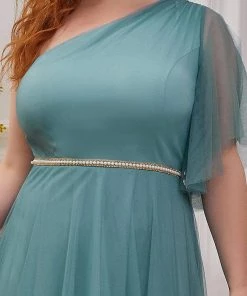 Ever-Pretty US Elegant One Shoulder Beaded Waistline Maxi Tulle Bridesmaid Dress