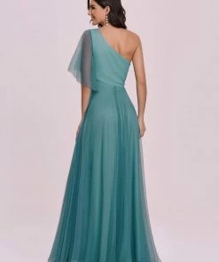 Ever-Pretty US Elegant One Shoulder Beaded Waistline Maxi Tulle Bridesmaid Dress