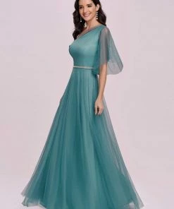 Ever-Pretty US Elegant One Shoulder Beaded Waistline Maxi Tulle Bridesmaid Dress