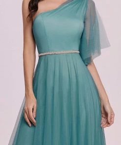 Ever-Pretty US Elegant One Shoulder Beaded Waistline Maxi Tulle Bridesmaid Dress