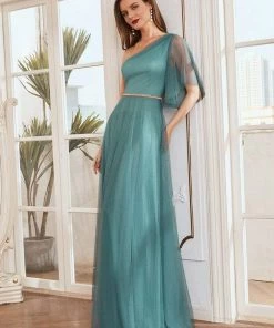 Ever-Pretty US Elegant One Shoulder Beaded Waistline Maxi Tulle Bridesmaid Dress