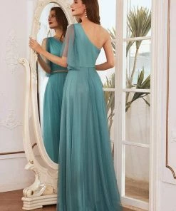 Ever-Pretty US Elegant One Shoulder Beaded Waistline Maxi Tulle Bridesmaid Dress