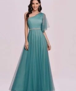 Ever-Pretty US Elegant One Shoulder Beaded Waistline Maxi Tulle Bridesmaid Dress