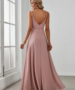 Ever-Pretty US Pleated V-Neck Spaghetti Strap High Slit Bridesmaid Dress