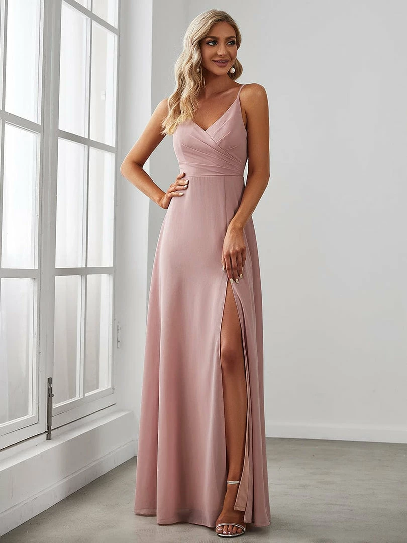 Ever-Pretty US Pleated V-Neck Spaghetti Strap High Slit Bridesmaid Dress 1 Ever-Pretty US Pleated V-Neck Spaghetti Strap High Slit Bridesmaid Dress