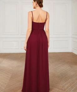 Ever-Pretty US Summer Dresses 2022 Chiffon Plunging V-Neck Spaghetti Strap Ruched A-Line Front Slit Bridesmaid Dress