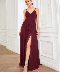 Ever-Pretty US Summer Dresses 2022 Chiffon Plunging V-Neck Spaghetti Strap Ruched A-Line Front Slit Bridesmaid Dress