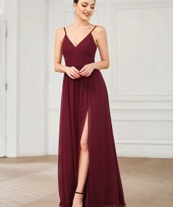 Ever-Pretty US Summer Dresses 2022 Chiffon Plunging V-Neck Spaghetti Strap Ruched A-Line Front Slit Bridesmaid Dress