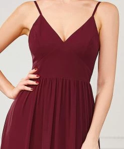 Ever-Pretty US Summer Dresses 2022 Chiffon Plunging V-Neck Spaghetti Strap Ruched A-Line Front Slit Bridesmaid Dress