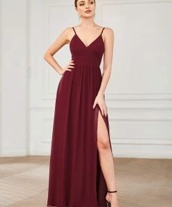 Ever-Pretty US Summer Dresses 2022 Chiffon Plunging V-Neck Spaghetti Strap Ruched A-Line Front Slit Bridesmaid Dress