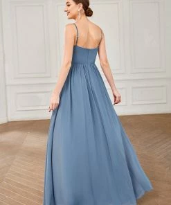 Ever-Pretty US Summer Dresses 2022 Chiffon Plunging V-Neck Spaghetti Strap Ruched A-Line Front Slit Bridesmaid Dress