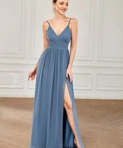 Ever-Pretty US Summer Dresses 2022 Chiffon Plunging V-Neck Spaghetti Strap Ruched A-Line Front Slit Bridesmaid Dress