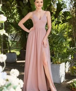 Ever-Pretty US Summer Dresses 2022 Chiffon Plunging V-Neck Spaghetti Strap Ruched A-Line Front Slit Bridesmaid Dress