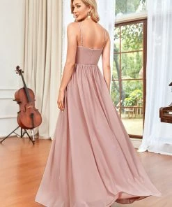 Ever-Pretty US Summer Dresses 2022 Chiffon Plunging V-Neck Spaghetti Strap Ruched A-Line Front Slit Bridesmaid Dress