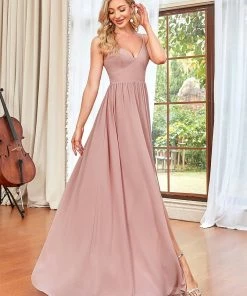 Ever-Pretty US Summer Dresses 2022 Chiffon Plunging V-Neck Spaghetti Strap Ruched A-Line Front Slit Bridesmaid Dress