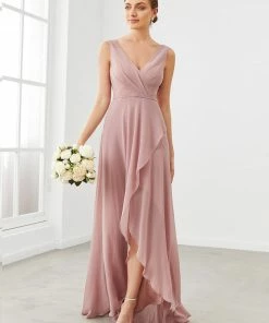 Ever-Pretty US Chiffon Ruffled Hem Front Slit V-Neck Sleeveless Bridesmaid Dress