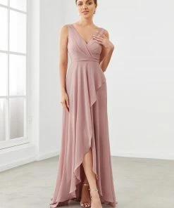 Ever-Pretty US Chiffon Ruffled Hem Front Slit V-Neck Sleeveless Bridesmaid Dress