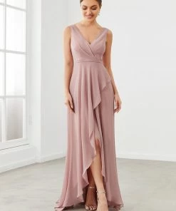 Ever-Pretty US Chiffon Ruffled Hem Front Slit V-Neck Sleeveless Bridesmaid Dress