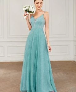 Ever-Pretty US Summer Dresses 2022 A-Line Sparkly V-Neck Illusion Panel Bridesmaid Dress
