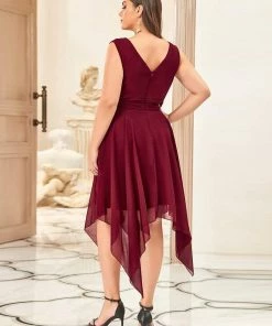 Ever-Pretty US Plus Size Double V Neck Ruched-Waist Midi Chiffon Bridesmaid Dress