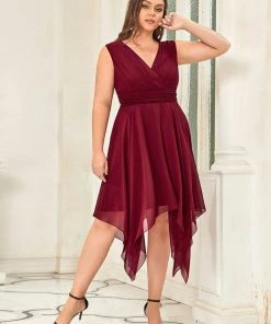 Ever-Pretty US Plus Size Double V Neck Ruched-Waist Midi Chiffon Bridesmaid Dress