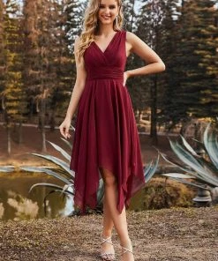 Ever-Pretty US Hot V Neck Ruched Asymmetrical Hems Midi Chiffon Bridesmaid Dress