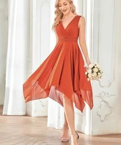 Ever-Pretty US Evening Dresses & Gowns Chiffon Double V-Neck A Line Bridesmaid Dress With Asymmetrical Hem